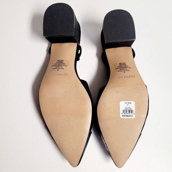 Express Black Silver Cap Pointed Toe Sling Back Block Heels Size 6 - Picture 5 of 8